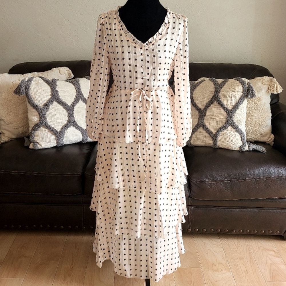 OPT tiered ruffle midi tea dress ivory black polka dots metallic rose gold $178